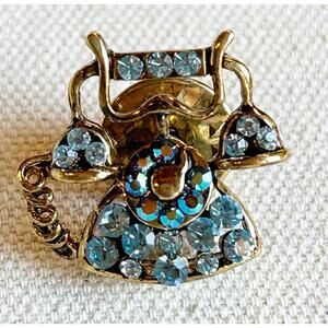 Blue Aurora Borealis Rhinestone Vintage Rotary Telephone Lapel Pin Brooch